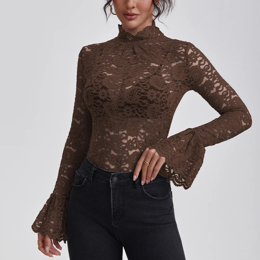 Anfilia Women Lace Shirts Turtle Neck Elegant Flare Long Sleeves