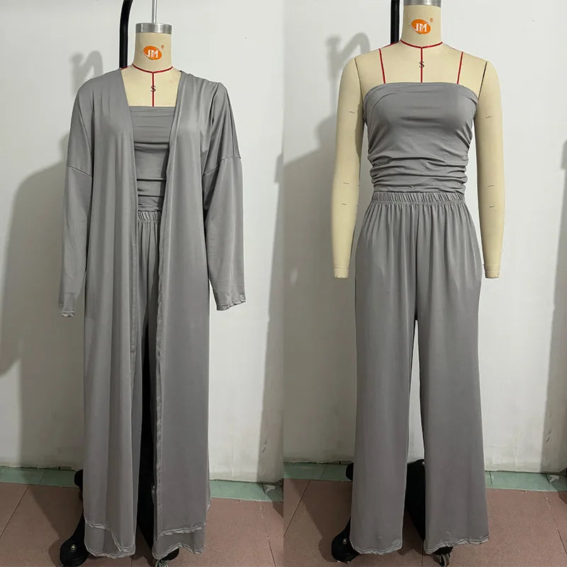 Women Pants 3 Piece Sets Cardigan Strapless Crop Top Straight Trousers