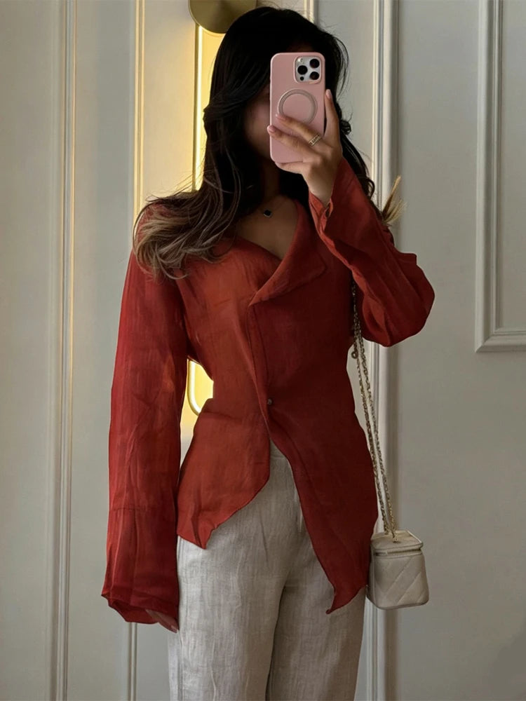 Casual Solid Linen-cotton Shirt Women Chic V-neck Single Breasted