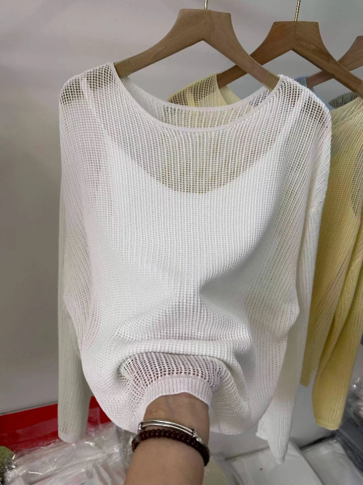 Hollow Out Long Sleeve Thin Knit Blouse 2026 New Summer Sun Protection