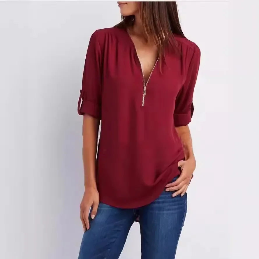 2024 Hot Sale Women Cool Loose Shirt Deep V Neck Chiffon Fashion