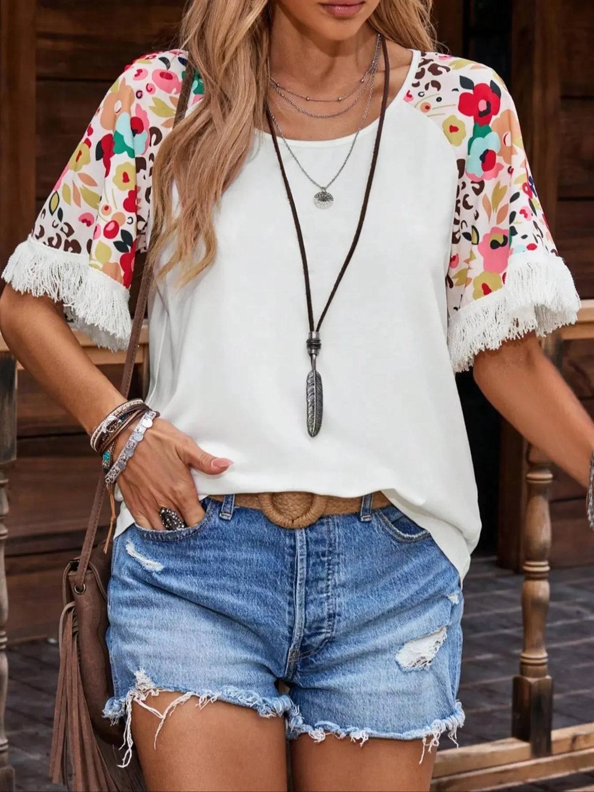 Women's Floral Print Fringe Trim Tee, Casual Short Sleeve V Neck