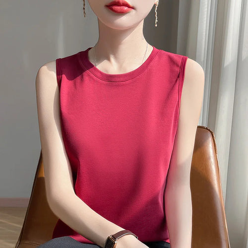 Spring And Summer 100% Cotton Round Neck Sleeveless T-shirt Women's