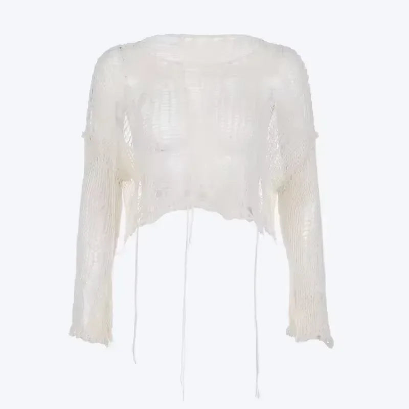 Solid Slash Neck Grunge Knitted Women's Sweater Hole Ripped Pullover