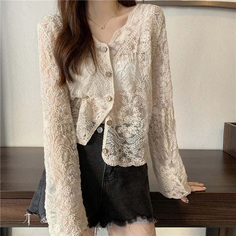 Vintage Summer Lace Blouses Women See Through Sheer Long Sleeve Sun