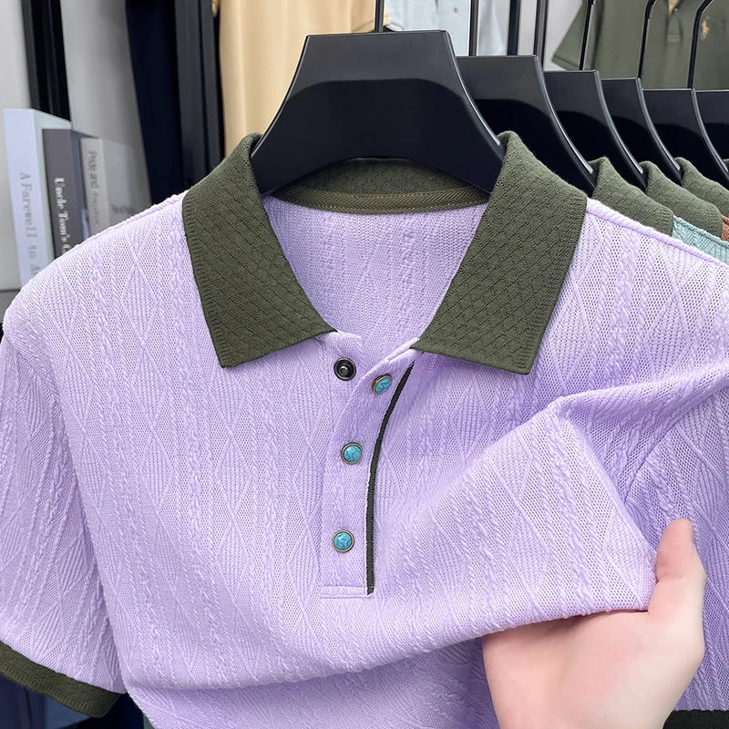 Luxury summer breathable knitted short sleeve polo shirt men new retro