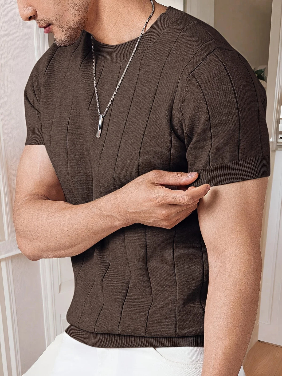 Summer Men Slim-fit Knitted T Shirt O Neck Solid Color Short Sleeve
