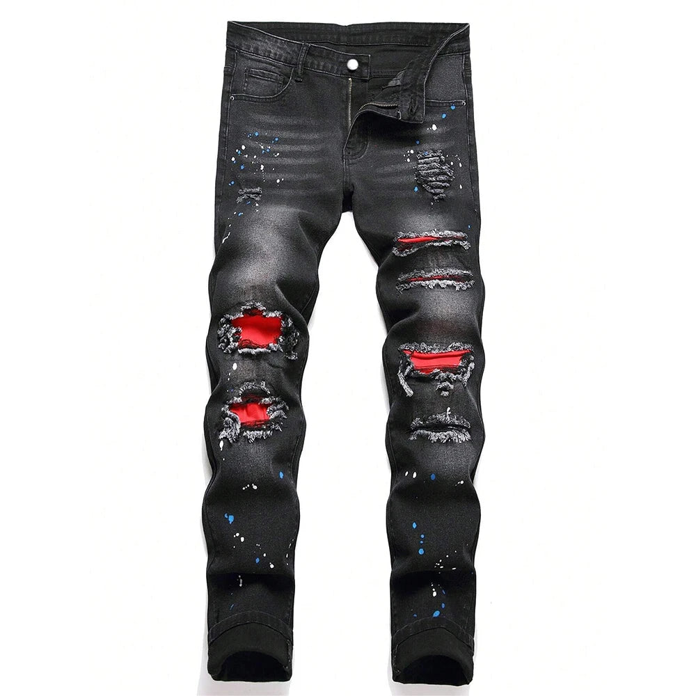Men's Y2K Fashion Ripped Patchwork Hole Straight Black Jeans Slim Fit