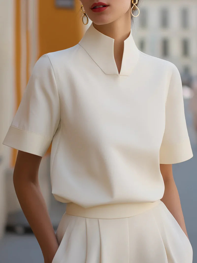 Stand Collar Short Sleeve Blouse Elegant Office Wear Casual Workwear