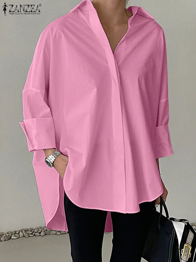 ZANZEA Oversized Woman White Shirts Turn-Down Collar Long Sleeve