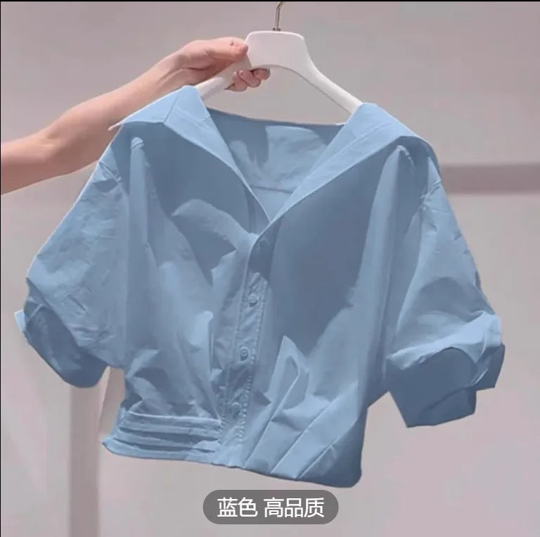 Lapel Bubble Sleeve Shirt Women Loose Fit Cropped Top Female blouse
