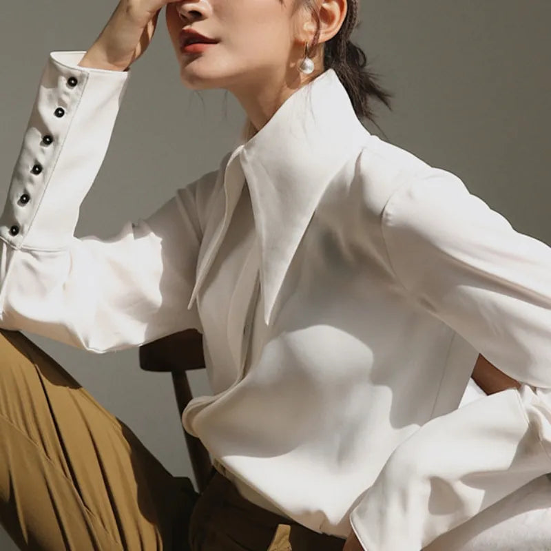 Stylish Elegant Turn Down Collar White Long Sleeve Satin Shirts