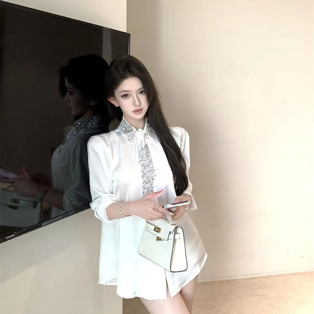 2025 Women's White Shirt New Spring Autumn Crystal Beading With