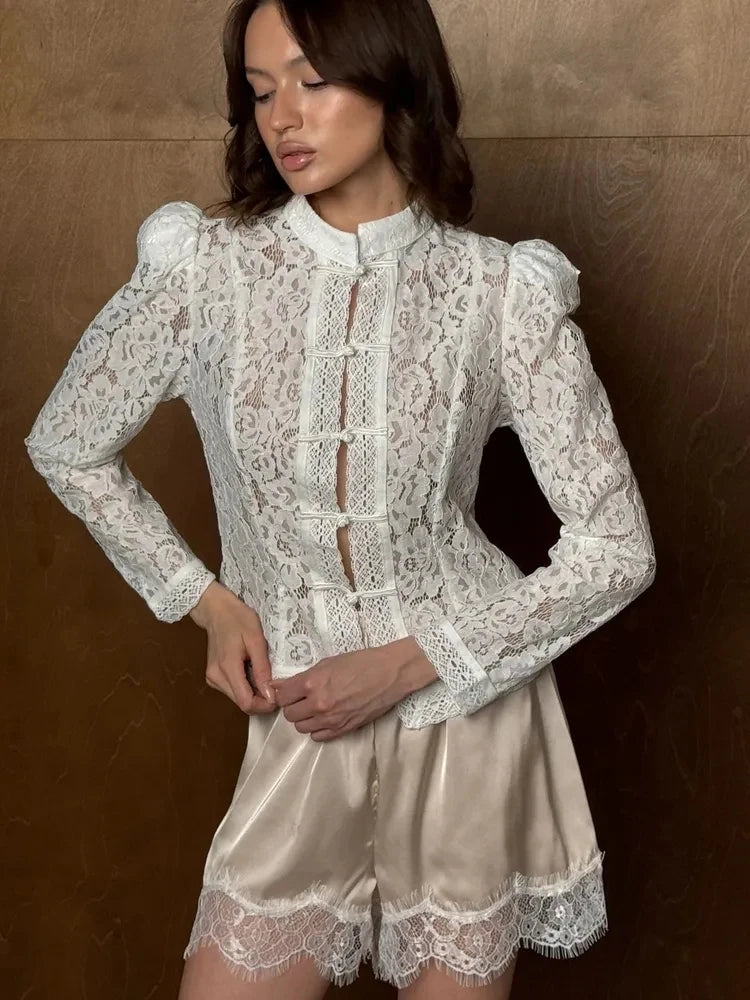 Tossy Summer Lace Printed Shirts Tops Female Hollow Out Fashion