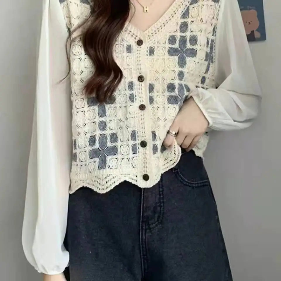 Women's Crochet Blouse with Chiffon Sleeve Button Front Crop Tops