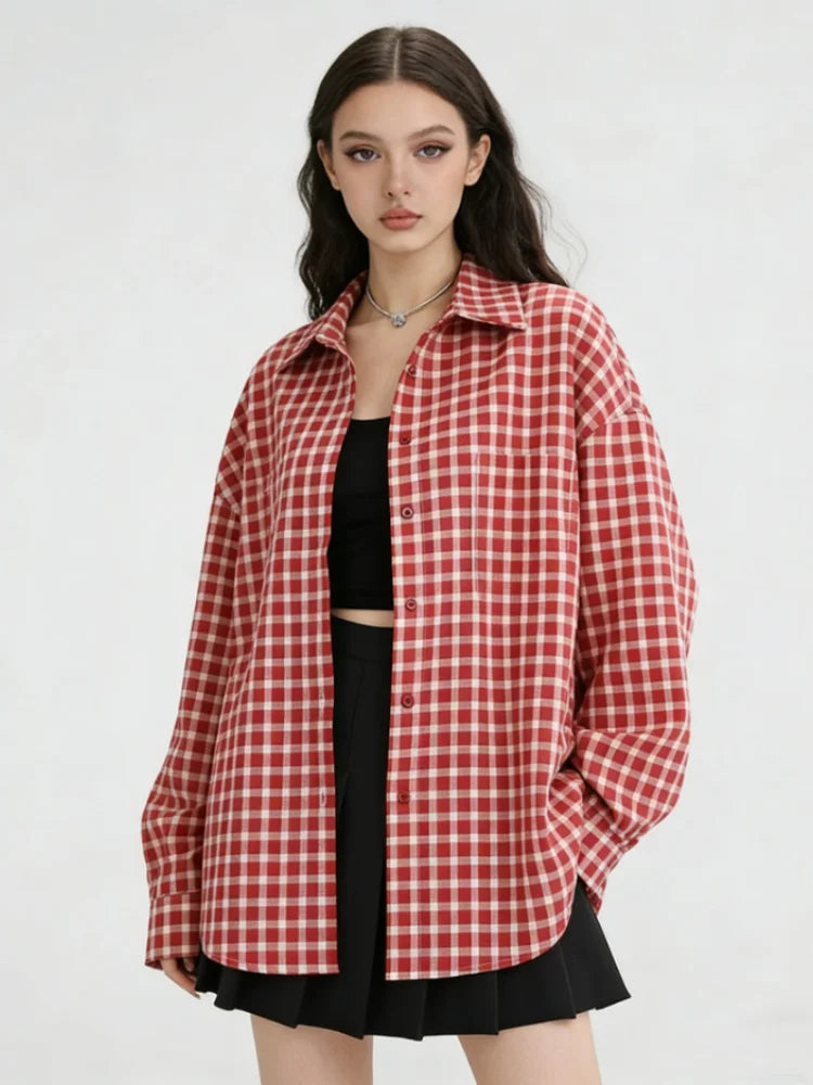 2025 Y2k Autumn Women New Vintage Red Plaid Turn-down Collar