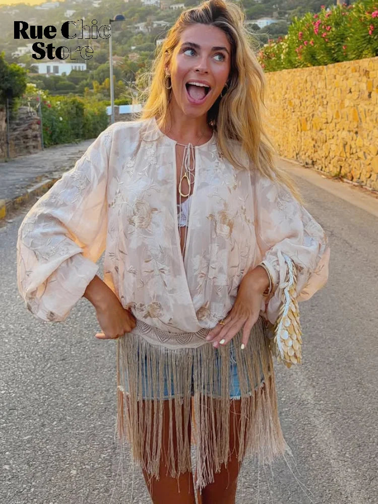 Beige Embroidered Long Tunic Tops Women Chic V Neck Long Sleeves Lace