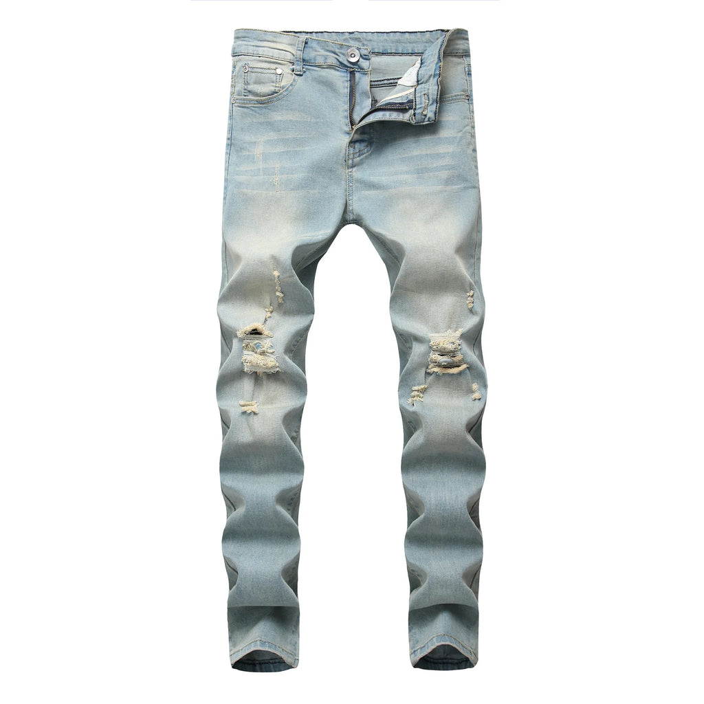 Punk Street Style Ripped Skinny Jeans Men Vintage Wash Solid Denim