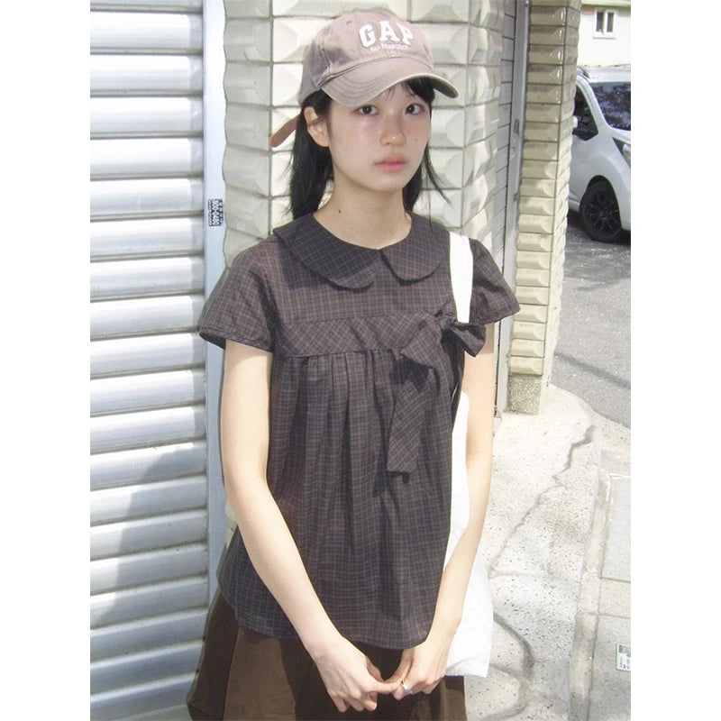 Vintage Plaid Shirts Women Japanese Harajuku Bow Peter Pan Collar