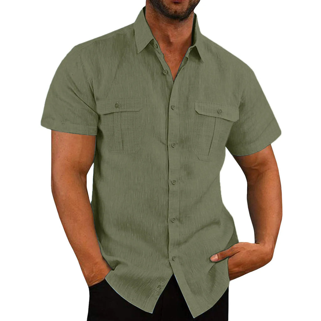 Men's Short Sleeve Linen Blend Button Down Shirt with Double Chest