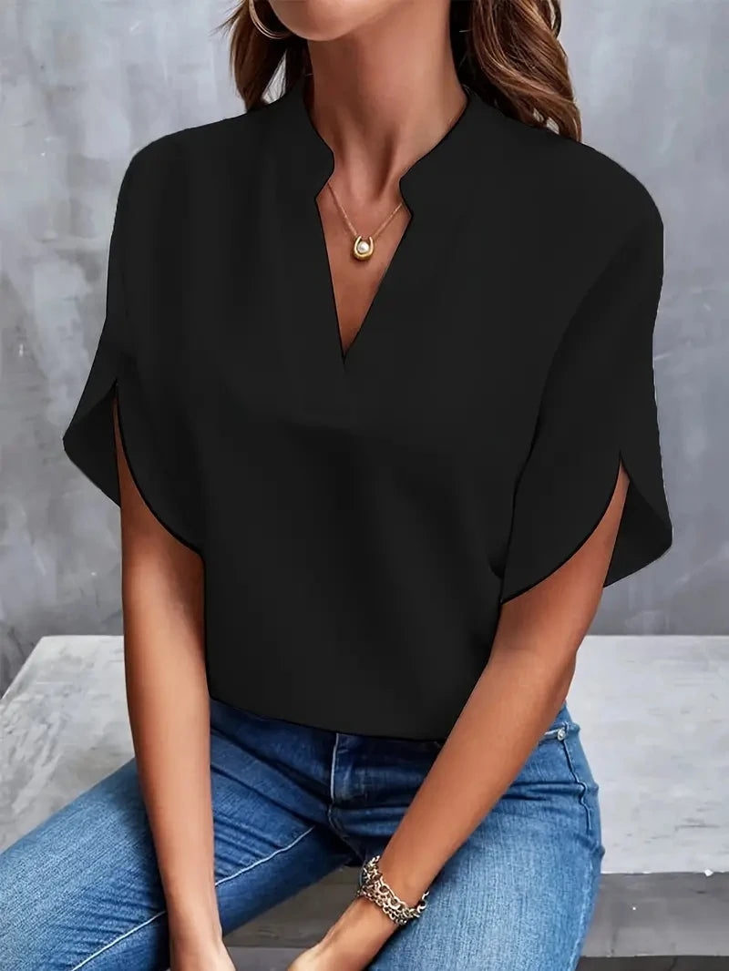 Women Elegant Solid Chiffon Blouse Spring Summer Casual Long Sleeve V