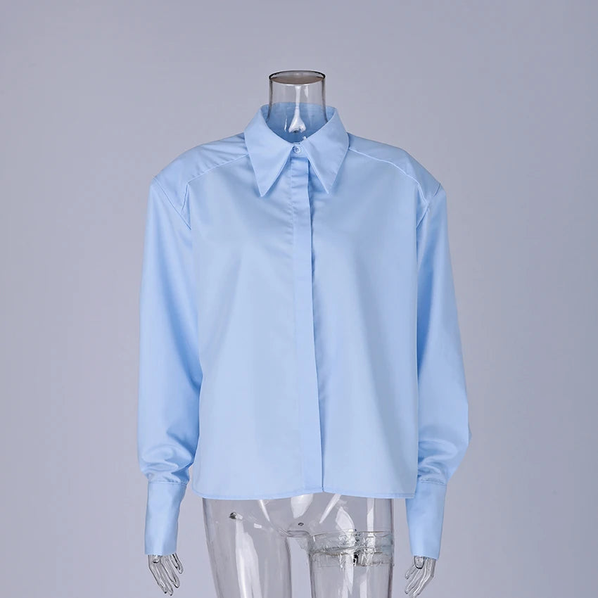 Linad Casual White Puff Sleeve Shirts Female Office Lady Blue