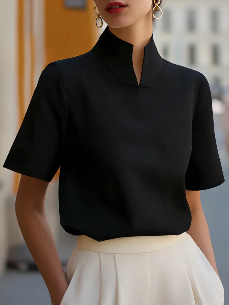 Stand Collar Short Sleeve Blouse Elegant Office Wear Casual Workwear