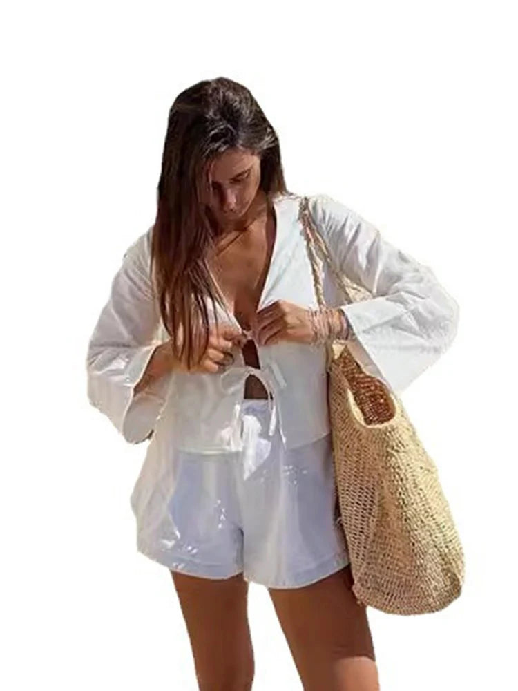 2024 Summer White Lace Up Shirts For Women‘s Elegant Loose Long Sleeve