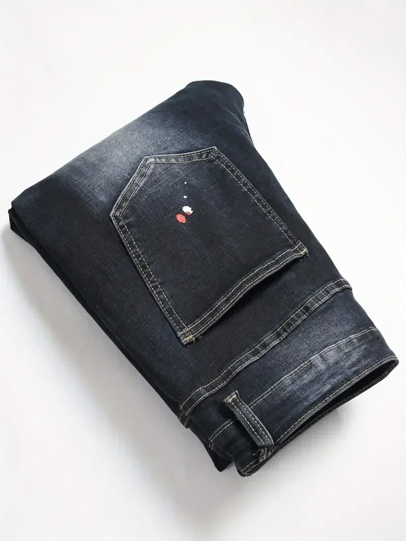 Men y2k Stretchy Denim jeans Ripped Skinny Letter Print elastic waist