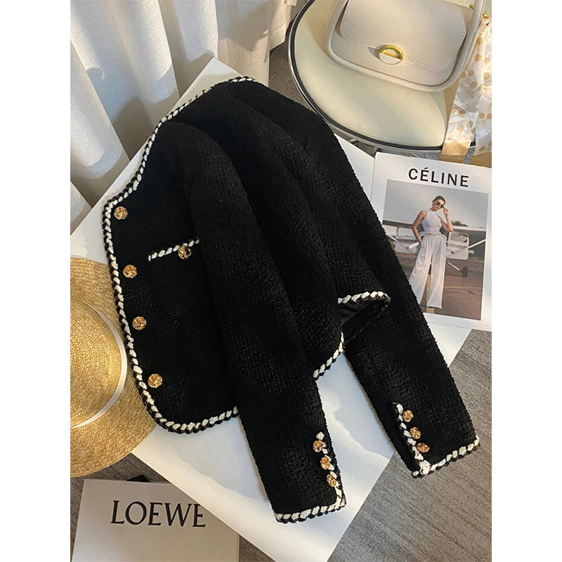 MEXZT Vintage Tweed Jacket Women Elegant Cropped Quilted Coat Commute