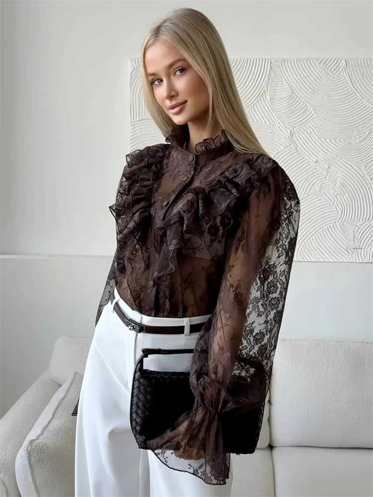Tossy Lace Ruffled Printed Shirts Female See-Through Patchwork Lace-Up