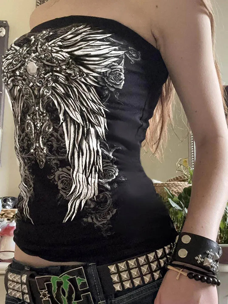 Gothic Print Black Tube Top Women Strapless Skinny Cropped Tops Summer