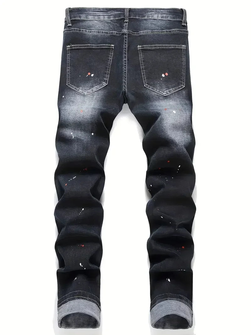 Men y2k Stretchy Denim jeans Ripped Skinny Letter Print elastic waist