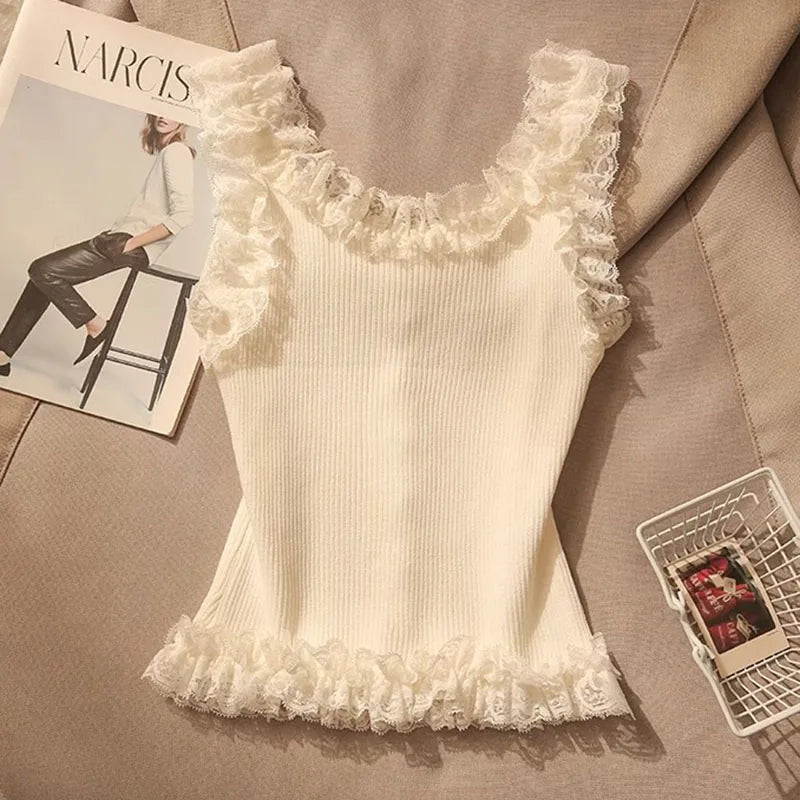 Sleeveless White Lace Patchwork Tank Top Women Camisole Black Crop