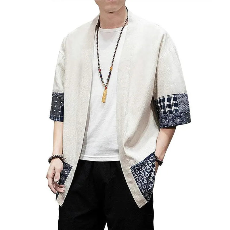 Men's Japanese Kimono Cardigan Loose Cotton Linen 3/4 Sleeve Open