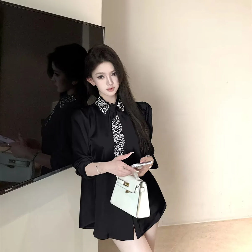 2025 Women's White Shirt New Spring Autumn Crystal Beading With