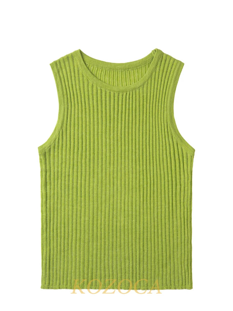 Kozoca 100% Wool Chic Solid Tanks Elegant Striped See Through Hollow