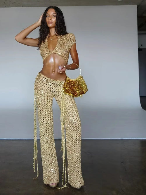 FAGADOER Sexy Hollow-out Sequin 2 Pieces Set for Woman Solid Deep