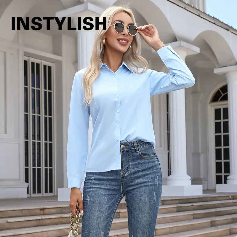 Women Elegant Solid Button Shirt Chiffon Blouse Spring Summer Casual