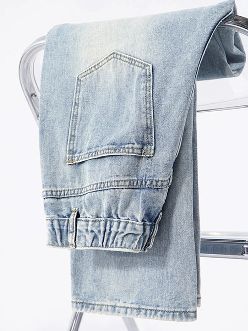 Men's Straight Jeans Korean Fashion Elastic Banded Wide Leg Blue Denim