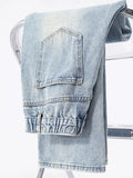 Men's Straight Jeans Korean Fashion Elastic Banded Wide Leg Blue Denim