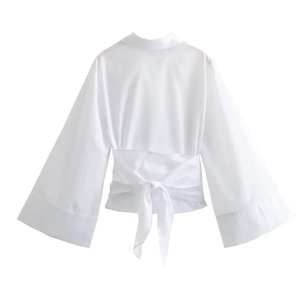 New Women's Fashion Casual Polo Neck Bow Tie up Short Edition Double