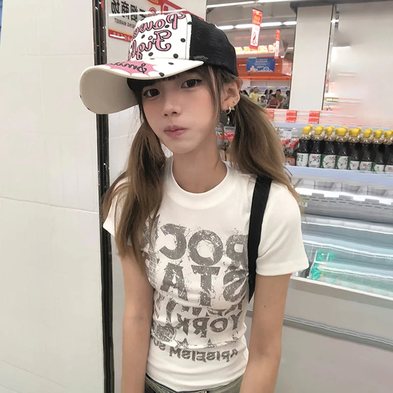 Karrram Japanese Y2k Letter Print T-shirt 2000s Style Short Sleeve