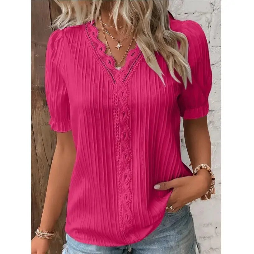 Elegant Women Blouse Shirt V Neck Lace Patchwork Short Sleeve Shirts