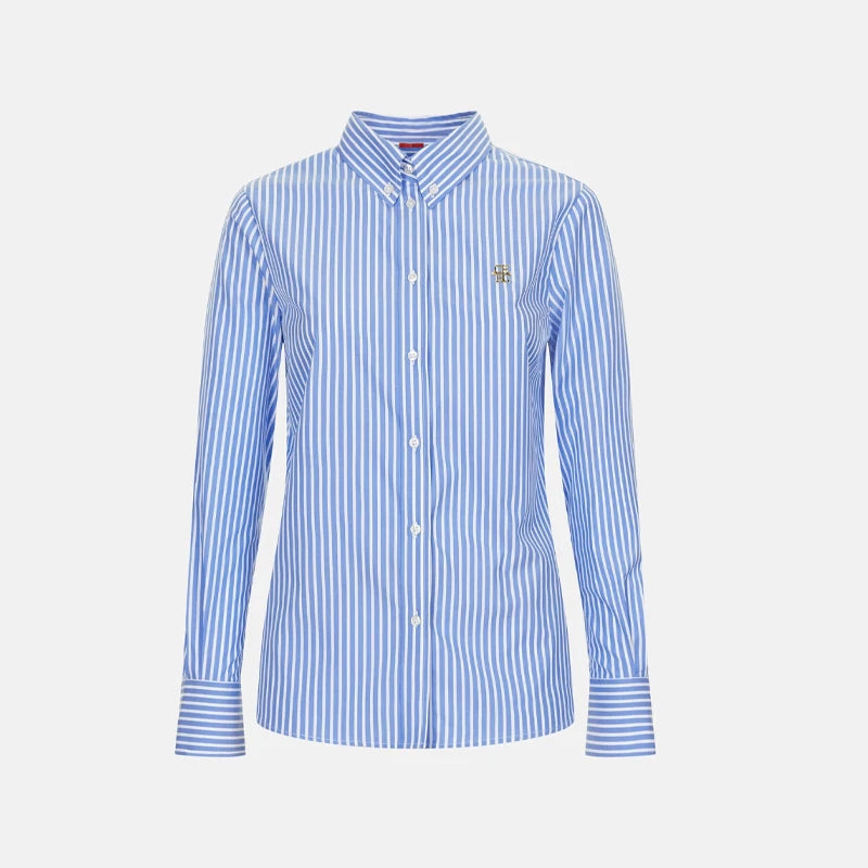 CH Elegant Office Ladies Blue White Vertical Stripe Blouse Long Sleeve