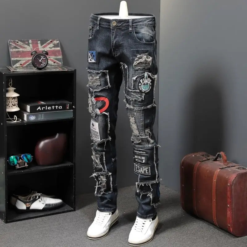 Spring and Autumn New Broken Hole Patch Embroidered Emblem Jeans Men's