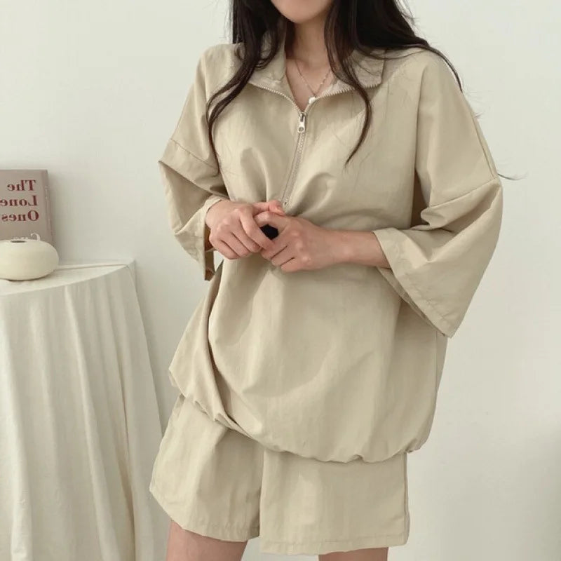 New in Summer Korean Chic Sports Leisure Polo Shirt Set Women's Loose