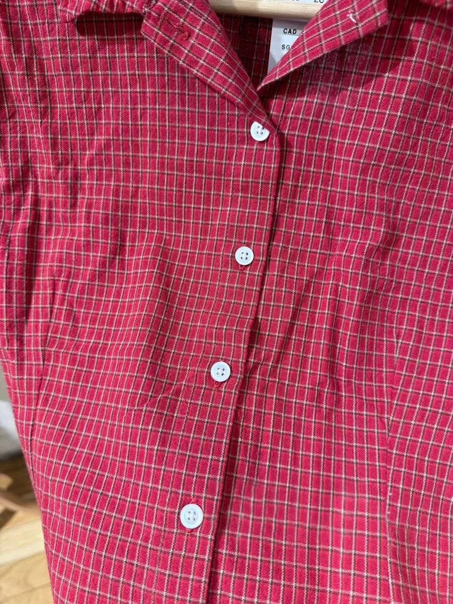 Red Plaid Slim T-Shirt Blouse Woman Summer Peter pan Collar Single