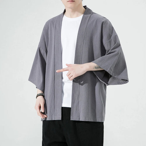 Men's Japanese Kimono Cardigan Loose Cotton Linen 3/4 Sleeve Open