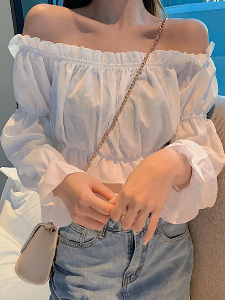Women Top Sexy Blouse Off Shoulder Top Long Sleeve Solid Color White